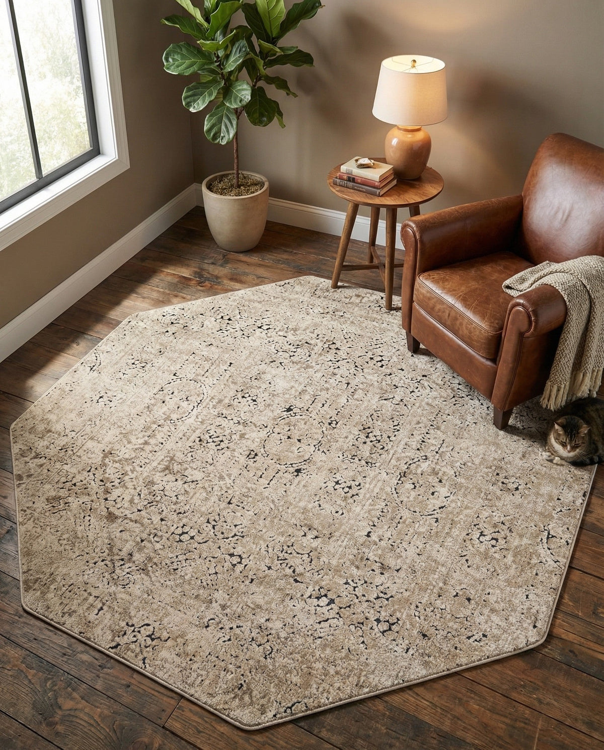 Coastal Manor Collection Area Rug -  Wavecrest Octagon Beige  lifestyle 144