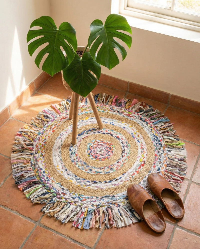 Osian Looms Collection Area Rug - Kathmandu Round Multi White  lifestyle 55