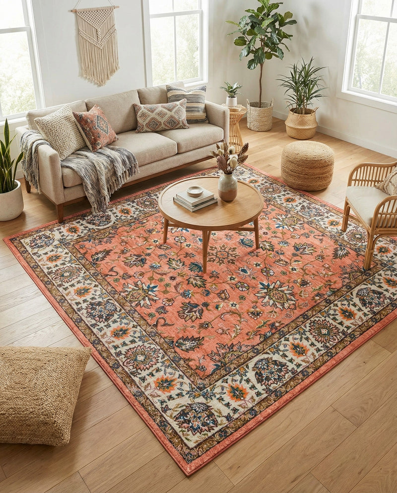 Casablanca Tapestry Collection Area Rug -  Marrakech (Salmon) Square Salmon  lifestyle 45