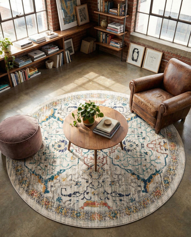 Seville Stripes Collection Area Rug -  Malaga (Ivory) Round Ivory  lifestyle 80