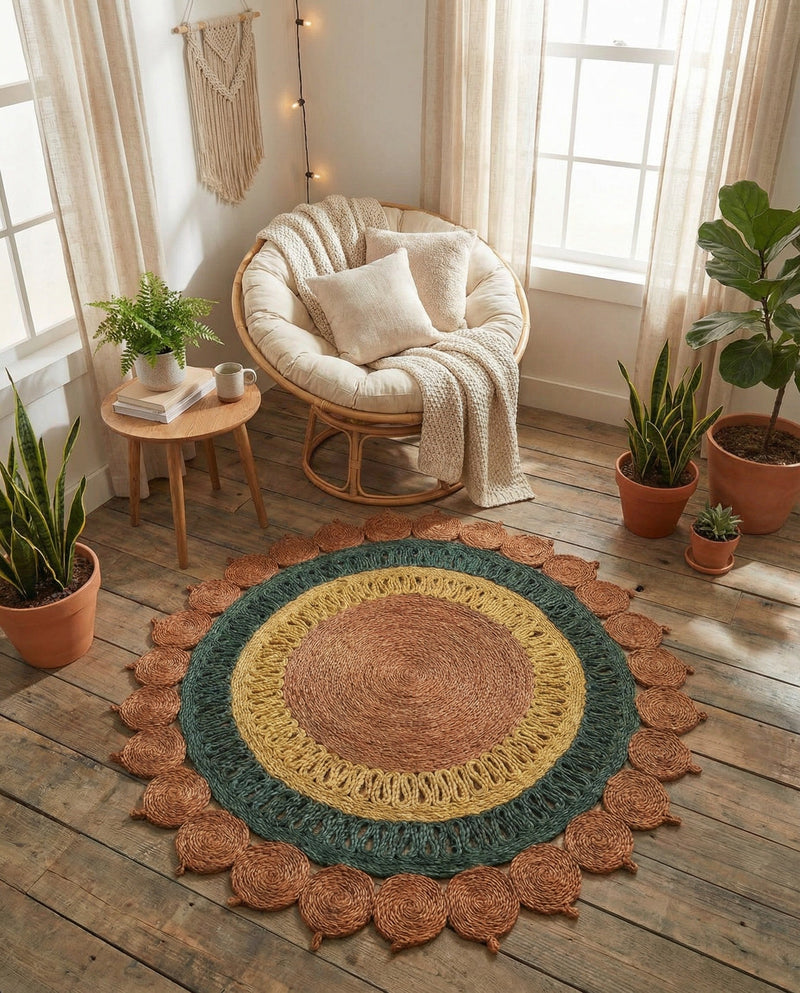 Woven Seaside Jute Collection Area Rug - Coastalhaven (Orange Green Yellow) Round Orange Green Yellow  lifestyle 21
