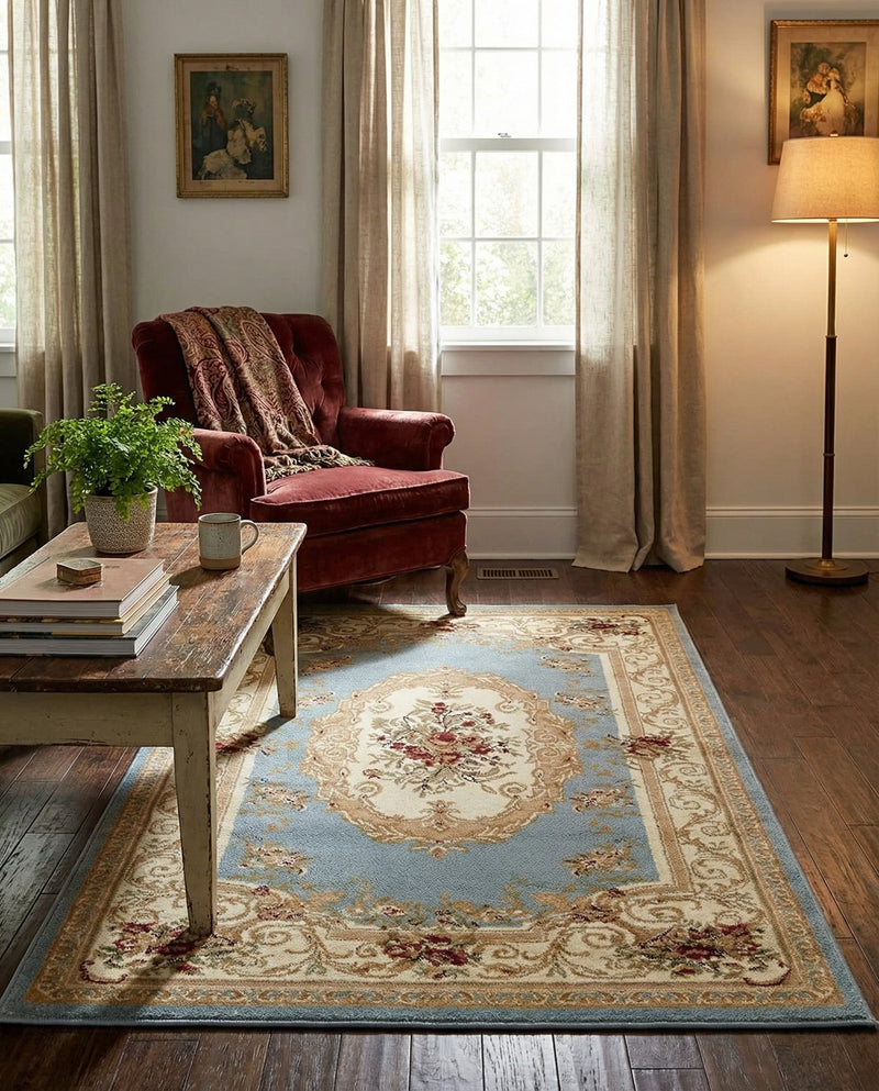 Versailles Elegance Collection Area Rug -  Louveciennes (Light Blue) Rectangle Light Blue  lifestyle 13