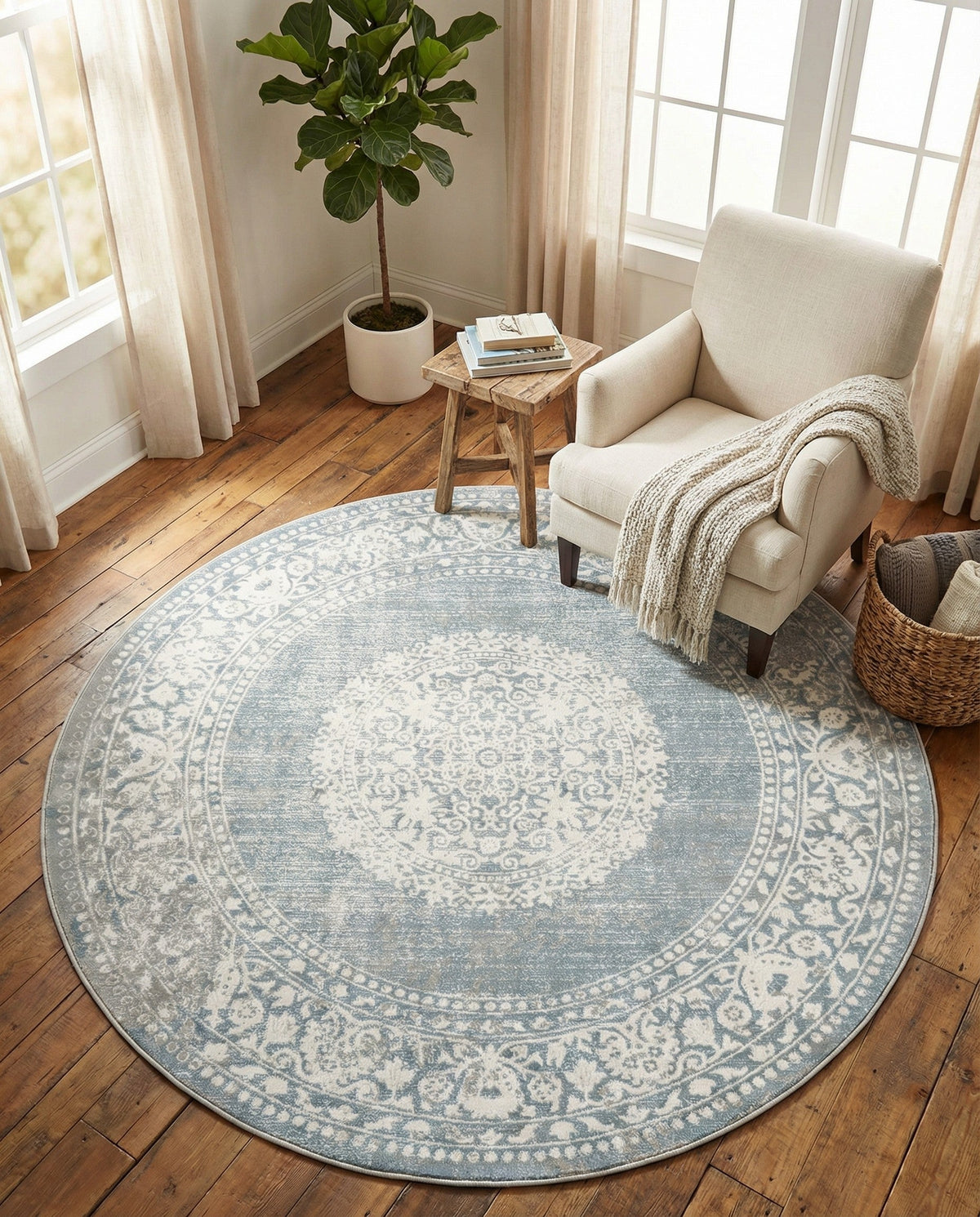 Rustic Charm Revival Collection Area Rug -  Meadowland Round Light Blue  lifestyle 138
