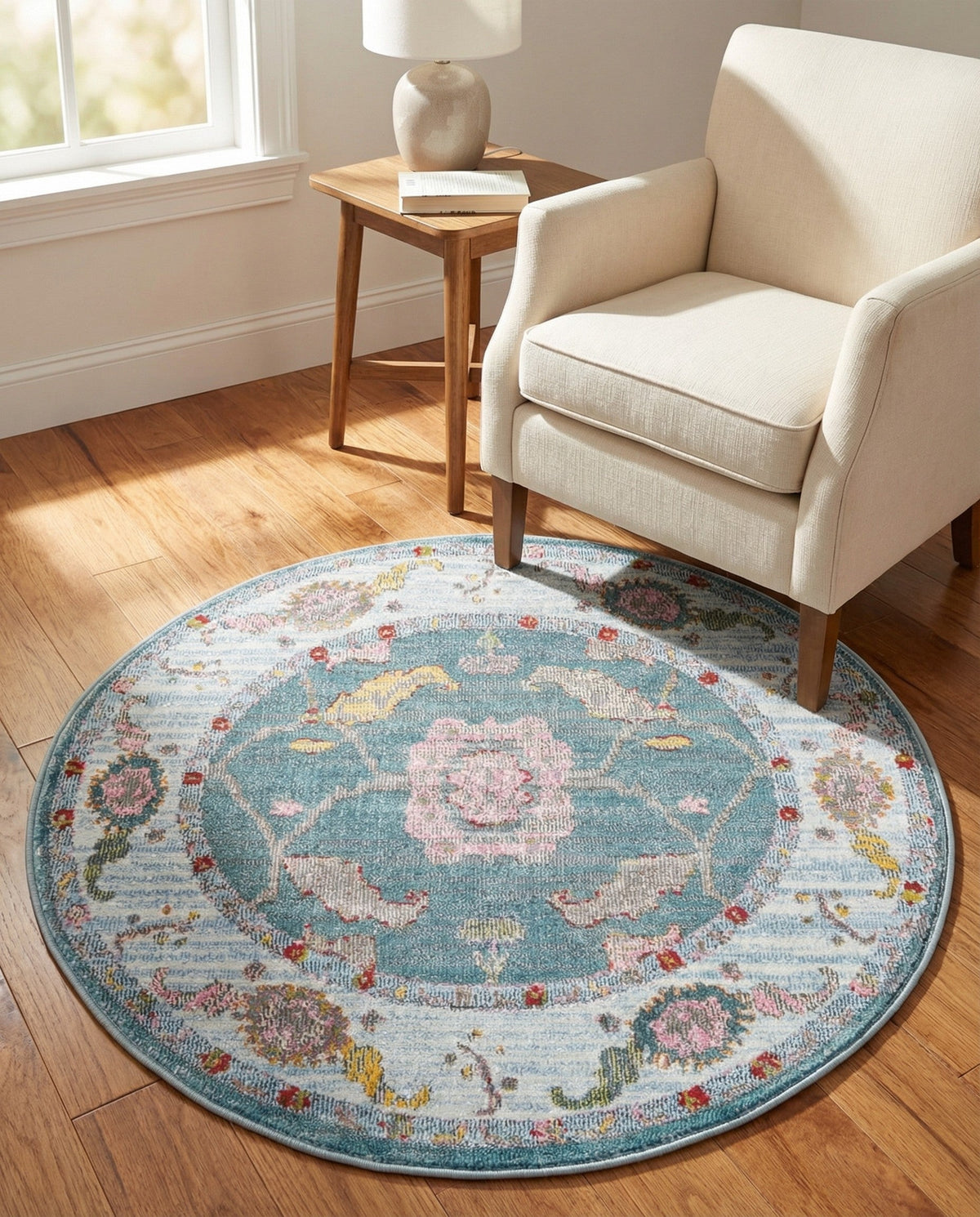 Arcadia Rugs Collection Area Rug - Eden (Gray and Blue) Round Gray and Blue  lifestyle 83