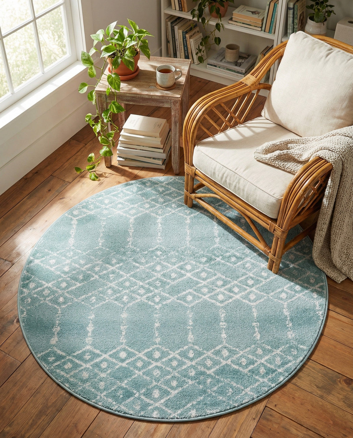 Marrakesh Lattice Collection Area Rug - Casablanca (Aqua) Round Aqua  lifestyle 107