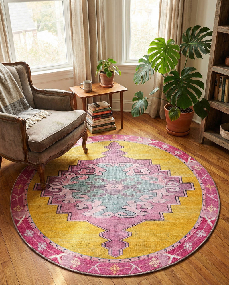 Heritage Elegance Collection Area Rug -  Winterthur (Yellow) Round Yellow  lifestyle 35