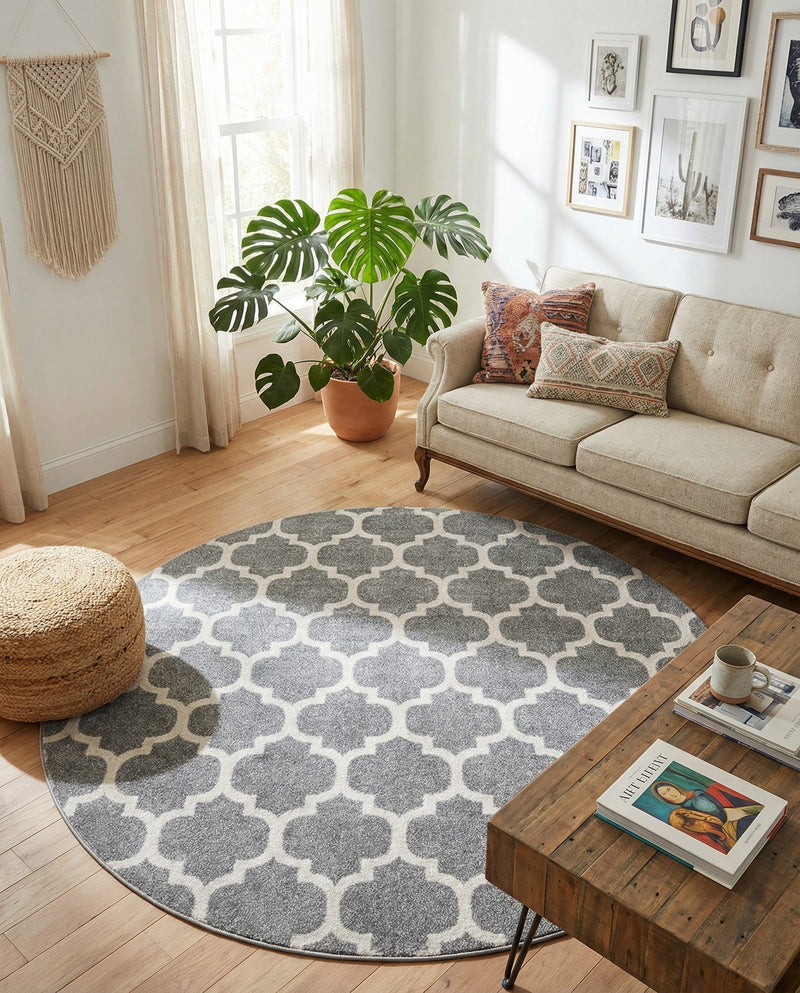 Lattice Gardens Collection Area Rug -  Bloomfield (Dark Gray) Round Dark Gray  lifestyle 31