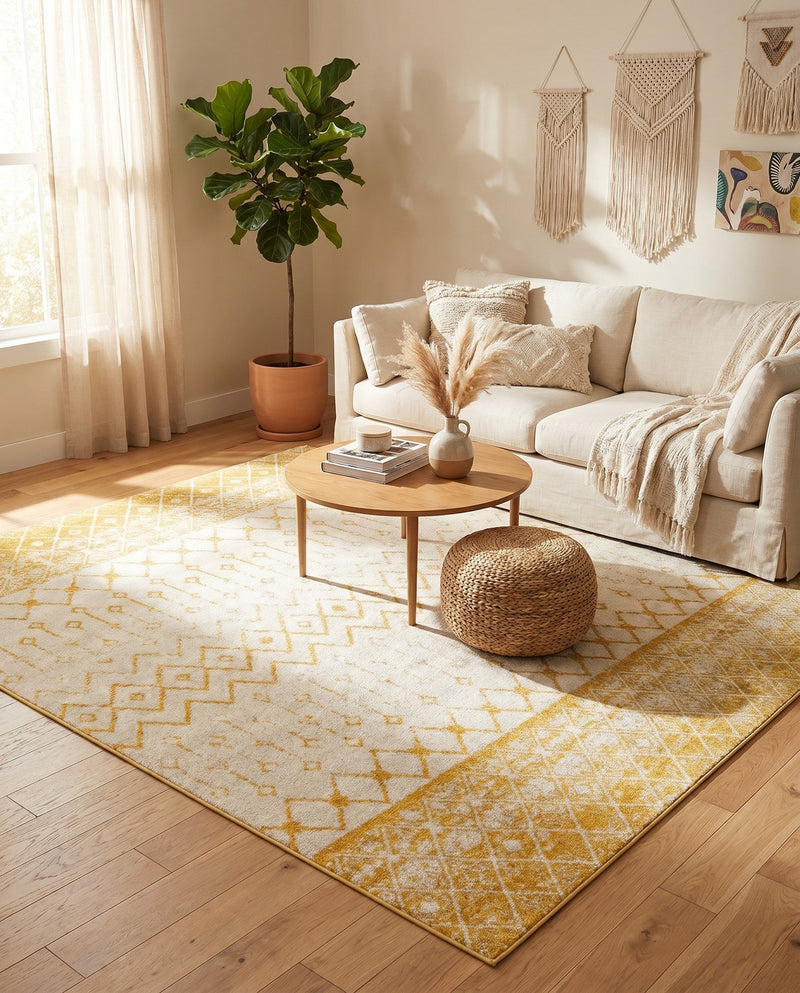 Mediterranean Lattice Collection Area Rug -  Casablanca (Ivory and Yellow) Square Ivory and Yellow  lifestyle 89