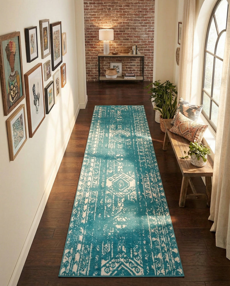 Brighton Stripes Collection Area Rug - Sussex (Turquoise) Runner Turquoise  lifestyle 66
