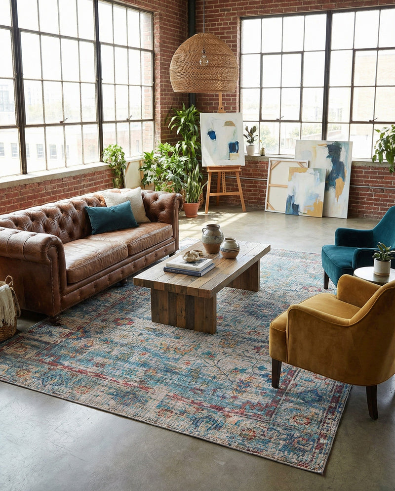 Savannah Threads Collection Area Rug - Tybee Rectangle Teal blue  lifestyle 9