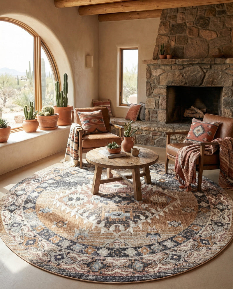 Desert Modern Eco Rug Series Collection Area Rug -  Navajo Round Khaki Gray  lifestyle 77