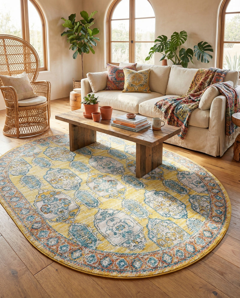 Seville Stripes Collection Area Rug -  Granada (Yellow) Oval Yellow  lifestyle 79
