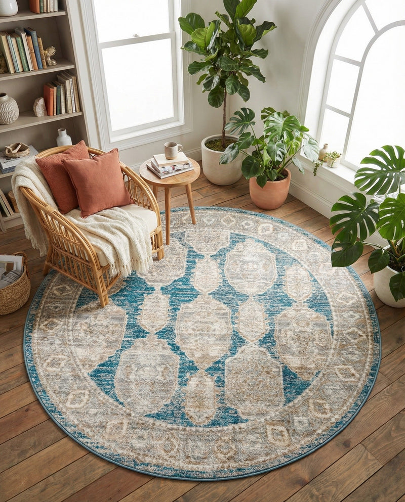 Seville Stripes Collection Area Rug -  Granada (Blue) Round Blue  lifestyle 72
