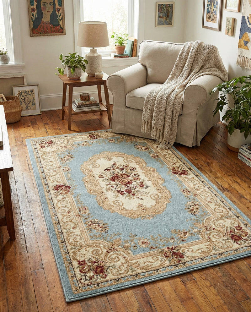 Versailles Elegance Collection Area Rug -  Louveciennes (Light Blue) Rectangle Light Blue  lifestyle 27