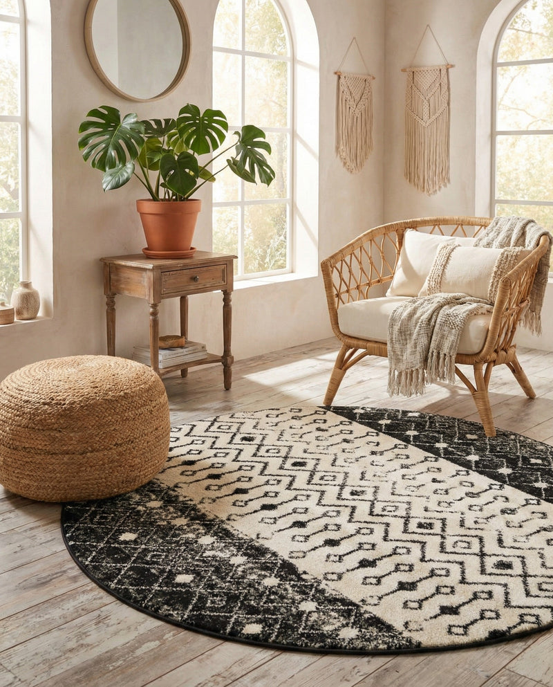 Mediterranean Lattice Collection Area Rug -  Casablanca (Black and White) Round Black and White  lifestyle 49
