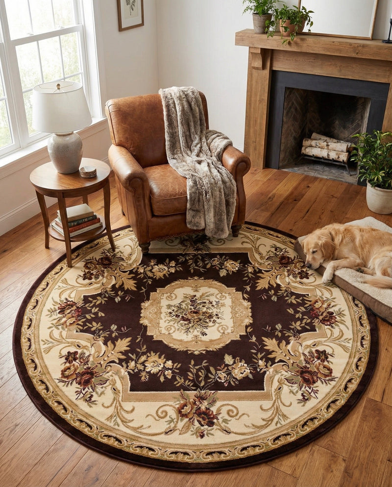 Versailles Elegance Collection Area Rug -  Louveciennes (Brown) Round Brown  lifestyle 40
