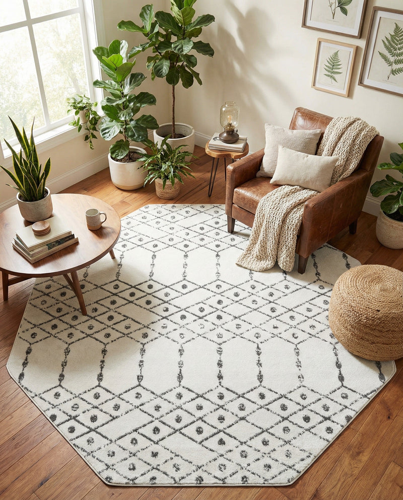 Marrakesh Lattice Collection Area Rug - Casablanca (Ivory Black) Octagon Ivory Black  lifestyle 72