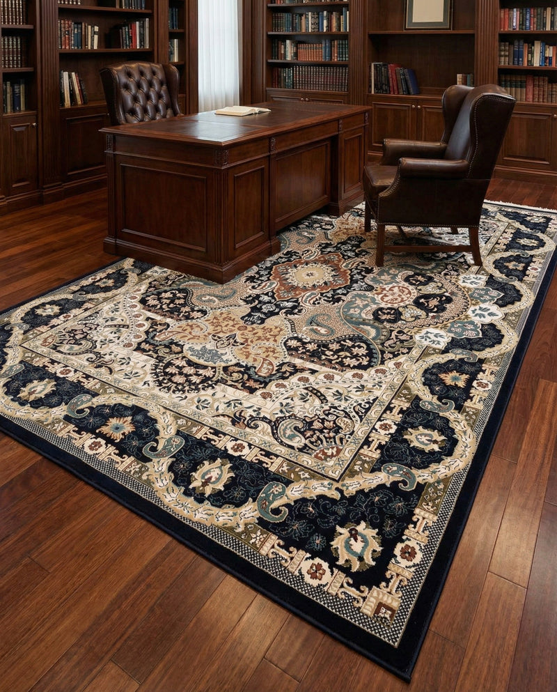 Persian Elegance Collection Area Rug -  Shiraz Rectangle Navy Blue  lifestyle 32