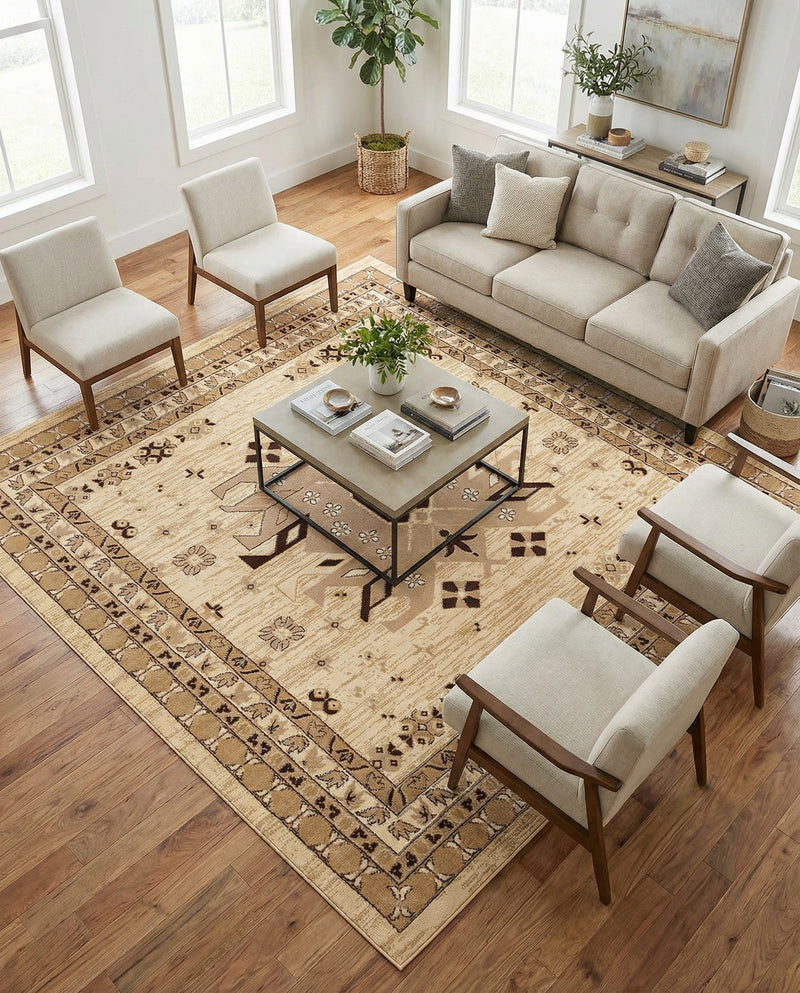 Tabriz Tapestries Collection Area Rug - Azerbaijan (Ivory) Square Ivory  lifestyle 60