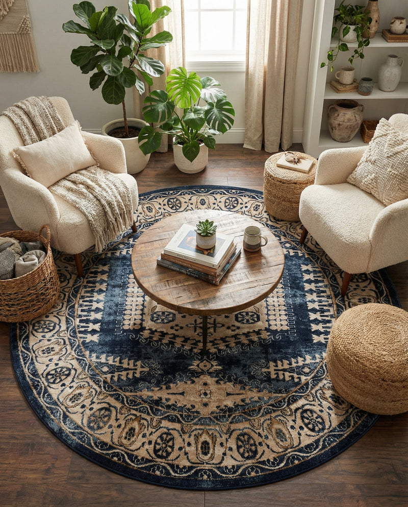 Eden Oasis Collection Area Rug -  Refuge (Dark Blue) Round Dark Blue  lifestyle 73