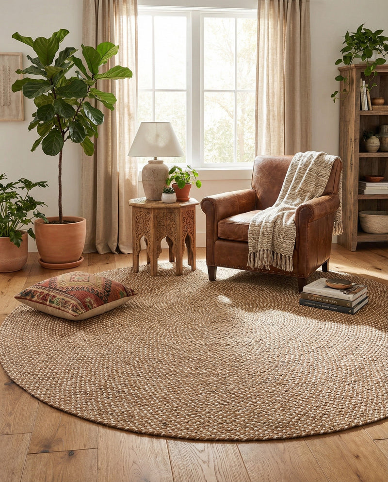 Highland Woven Jute Collection Area Rug - Glenmore (Light Brown) Round Light Brown  lifestyle 51