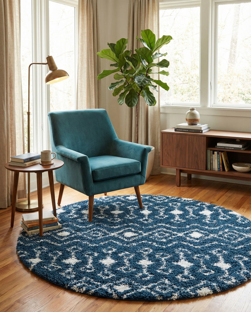 Berber Lattice Shag Collection Area Rug - Atlas (Navy Blue) Round Navy Blue  lifestyle 75