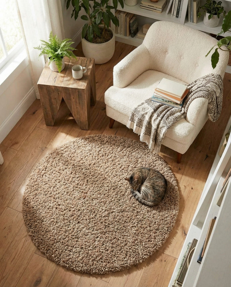 Plush Oasis Collection Area Rug - Serenity (Sandy Brown) Round Sandy Brown  lifestyle 90