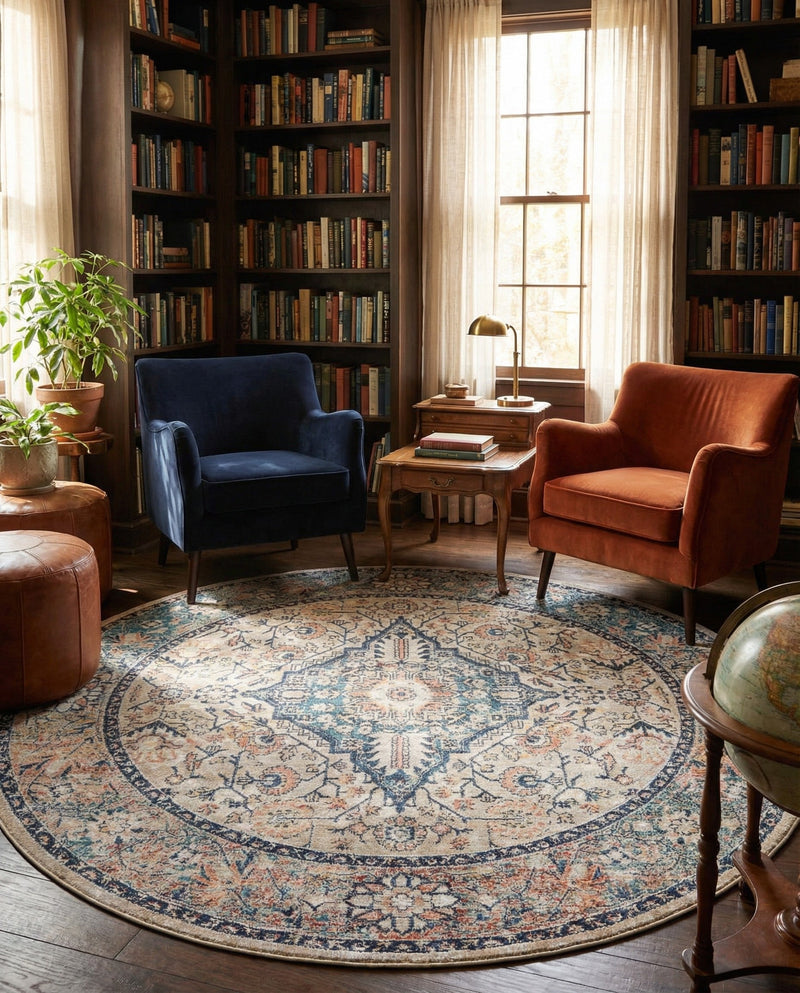 Seville Stripes Collection Area Rug - Cadiz (Blue) Round Blue  lifestyle 79