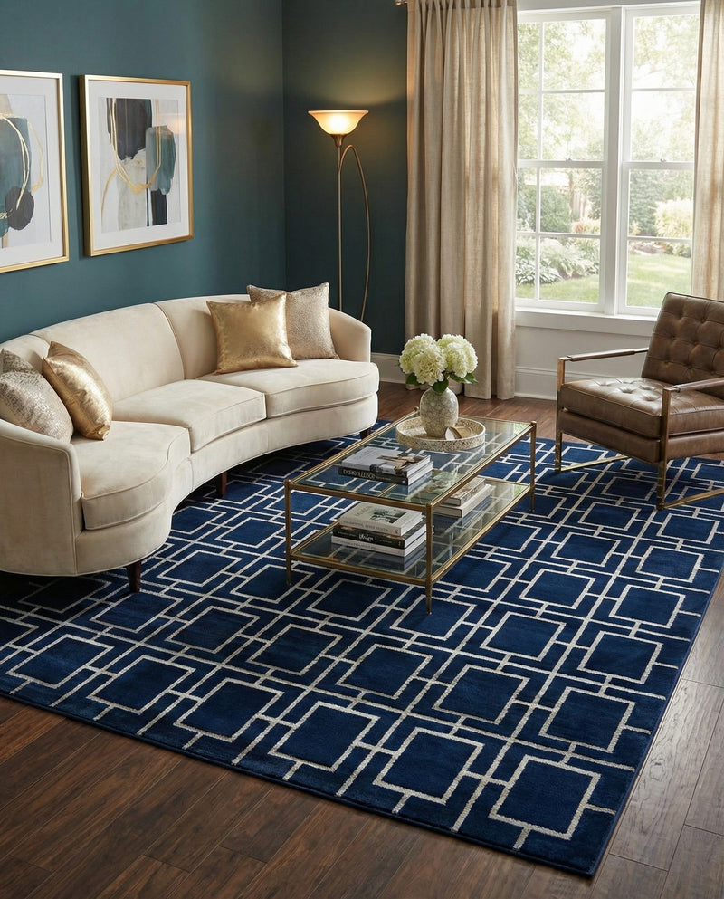 Hollywood Luxe Collection Area Rug -  Beverly (Navy Blue Silver) Rectangle Navy Blue Silver  lifestyle 12