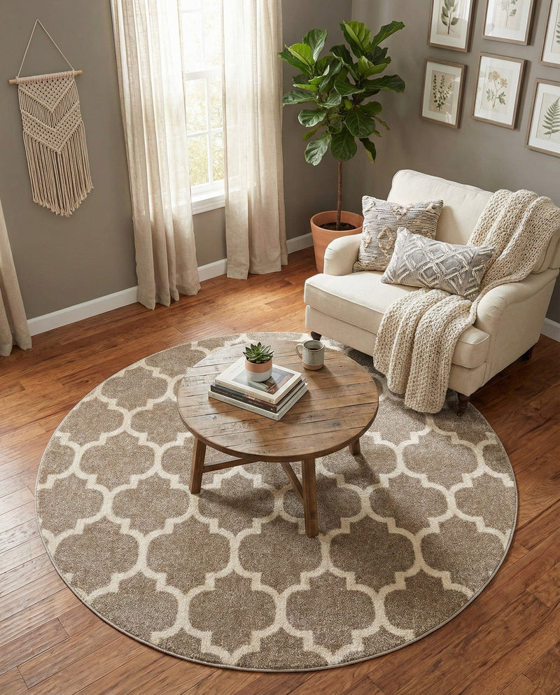 Lattice Gardens Collection Area Rug -  Bloomfield (Light Brown) Round Light Brown  lifestyle 70
