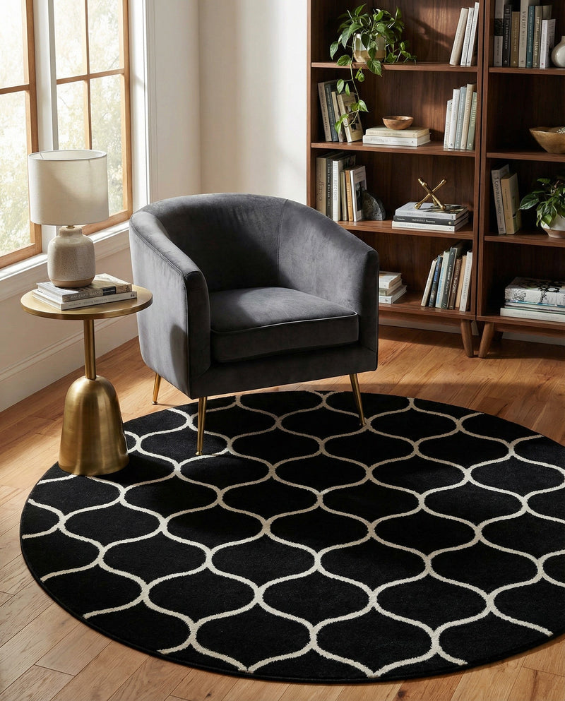 Trellis Mosaic Collection Area Rug -  Pergolatown (Black) Round Black  lifestyle 34
