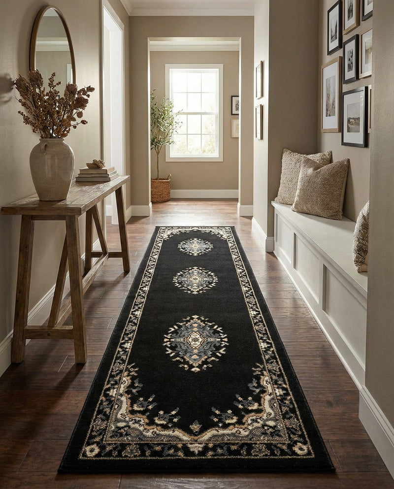 Tabriz Tapestry Collection Area Rug - Azerbaijan (Black) Runner Black  lifestyle 62