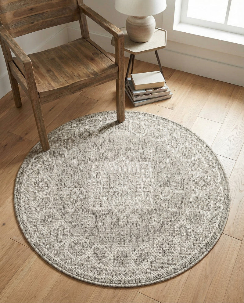Tribal Terrace Treasures Collection Area Rug -  Incan Isle (Light Gray) Round Light Gray  lifestyle 52