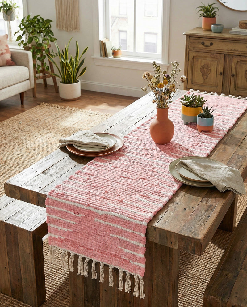 Thar Cotton Collection Area Rug - Jaisalmer (Rose) Table Runner Rose  lifestyle 74