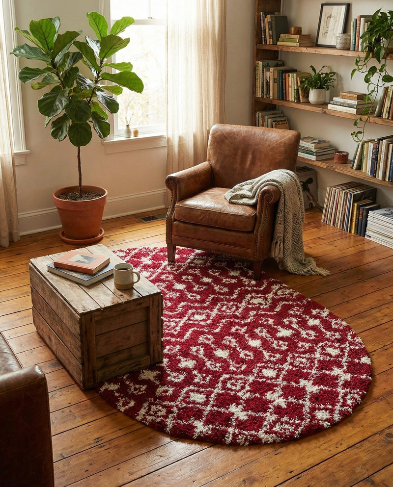 Berber Lattice Shag Collection Area Rug - Atlas (Burgundy Red) Oval Burgundy Red  lifestyle 67