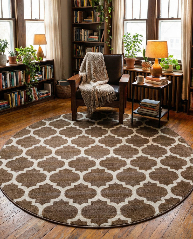 Lattice Gardens Collection Area Rug -  Bloomfield (Brown) Round Brown  lifestyle 28
