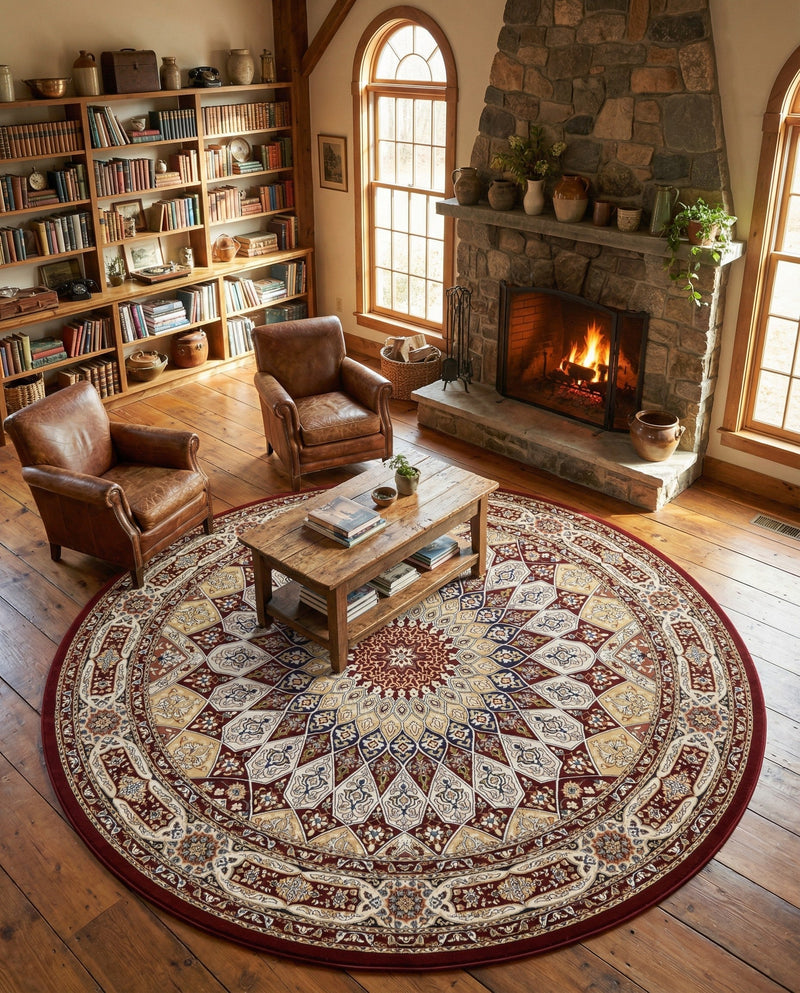 Persian Elegance Collection Area Rug -  Hamedan (Burgundy) Round Burgundy  lifestyle 33