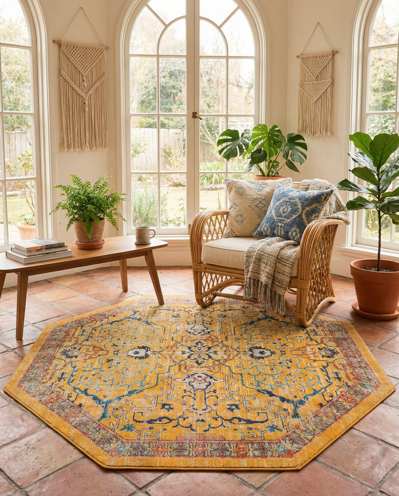 Seville Stripes Collection Area Rug -  Malaga (Yellow) Octagon Yellow  lifestyle 29
