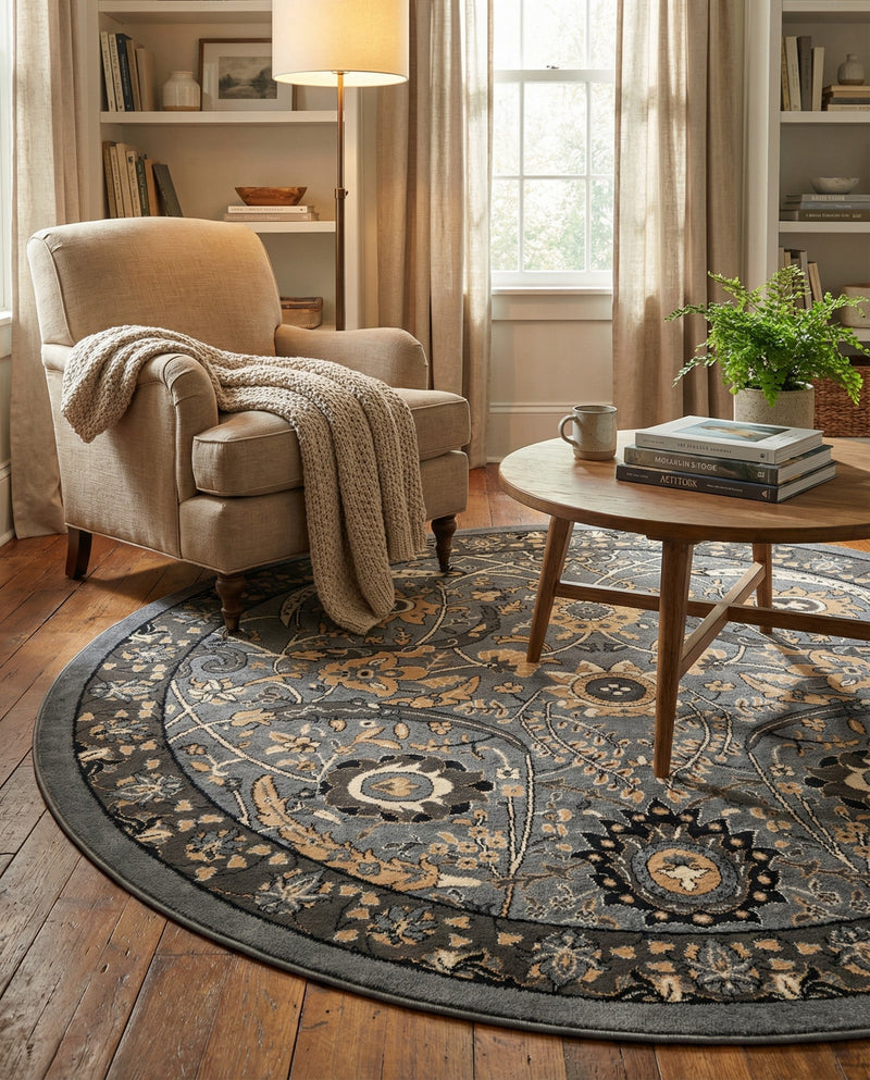 Tabriz Tapestry Collection Area Rug - Sahand (Dark Gray) Round Dark Gray  lifestyle 48