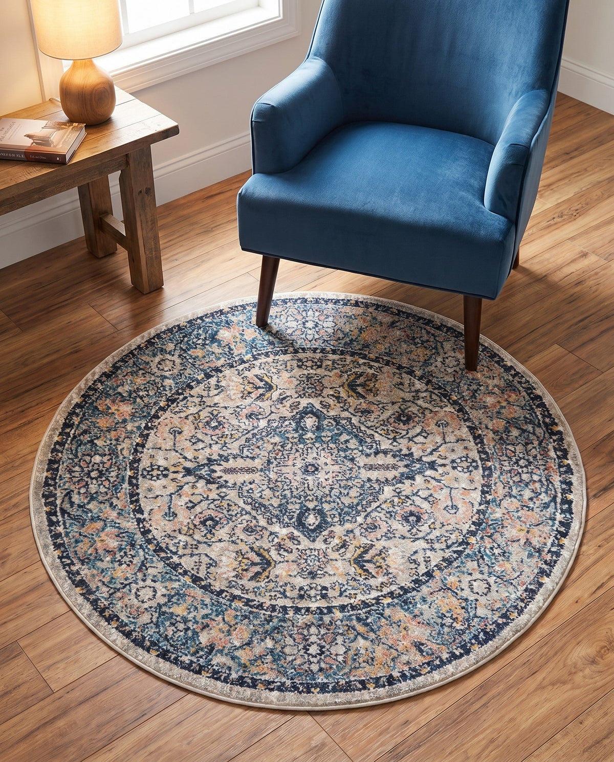 Seville Stripes Collection Area Rug - Cadiz (Blue) Round Blue  lifestyle 90