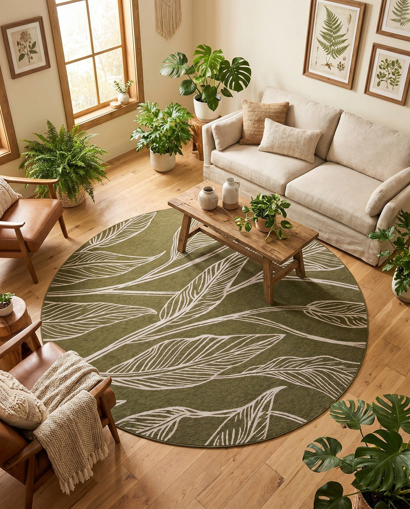 Seaside Blooms Collection Area Rug -  Evergreen (Green) Round Green  lifestyle 62