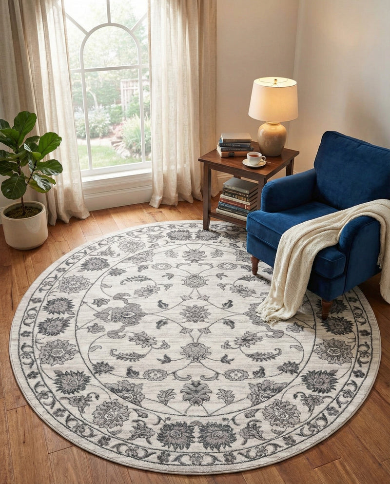Charleston Elegance Collection Area Rug -  Seaport (white Gray) Round white Gray  lifestyle 56