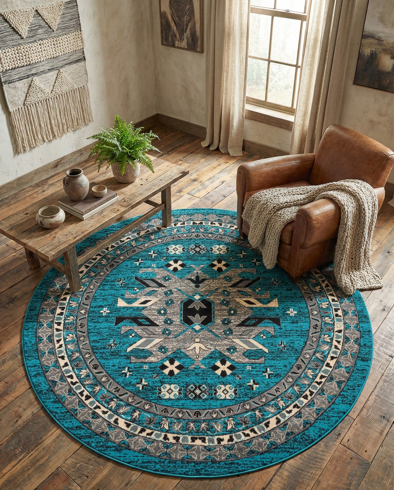 Tabriz Tapestries Collection Area Rug - Azerbaijan (Turquoise) Round Turquoise  lifestyle 46