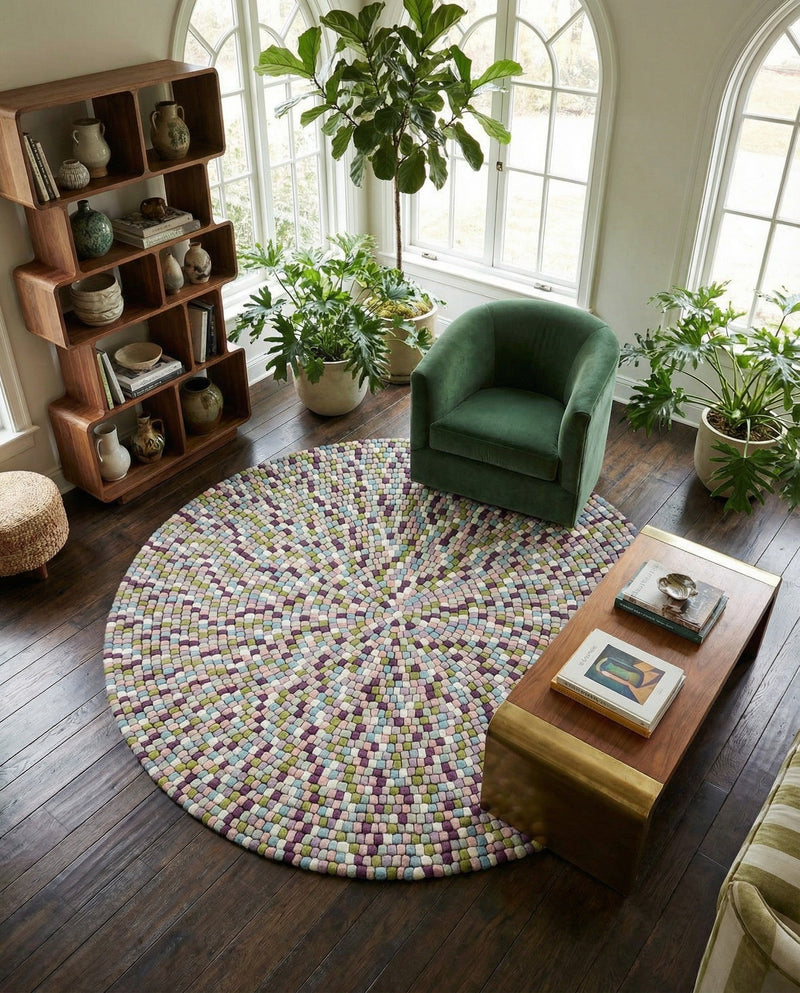 Woolen Sphere Collection Area Rug - Orbsburg (Pink and Purple) Round Pink and Purple  lifestyle 34