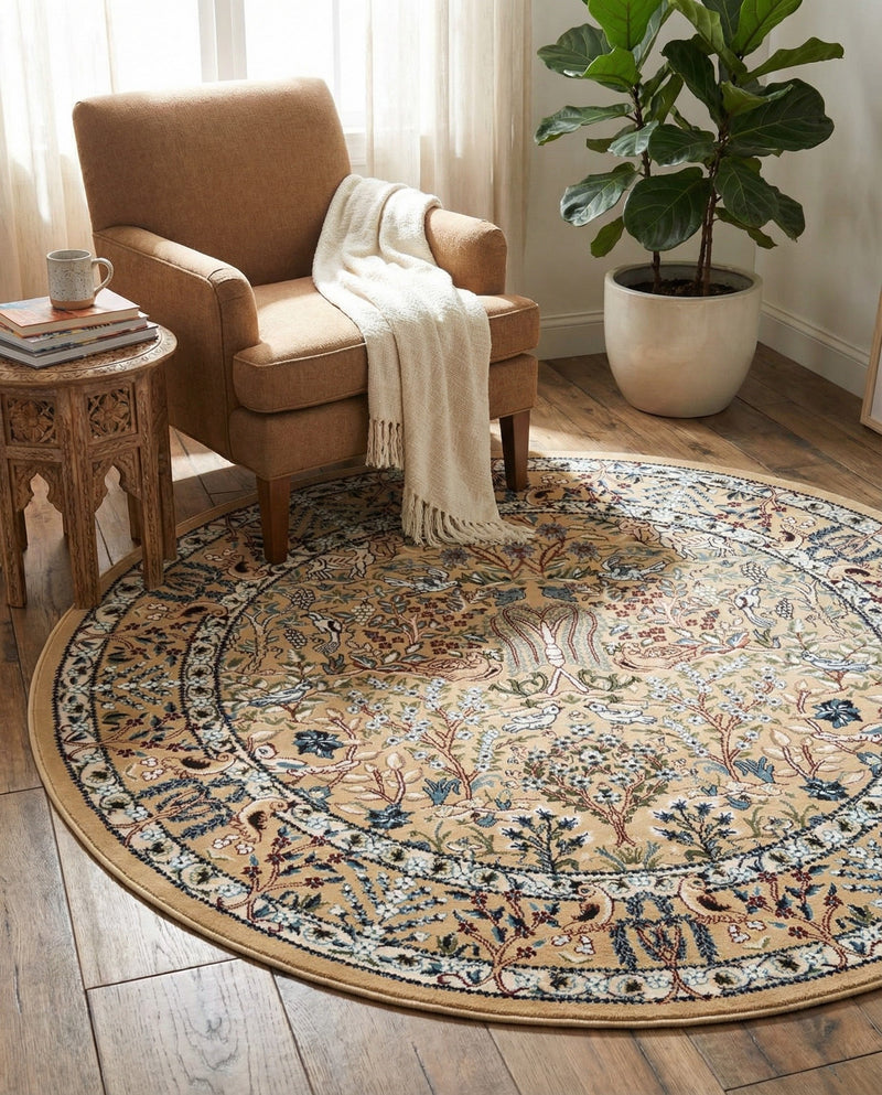 Persian Elegance Collection Area Rug -  Kerman (Beige) Round Beige  lifestyle 46