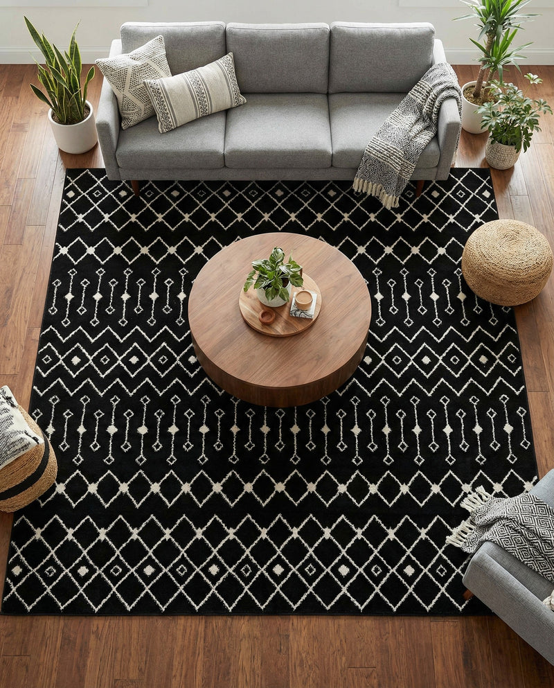 Mediterranean Lattice Collection Area Rug - Santorini (Black and White) Square Black and White  lifestyle 34