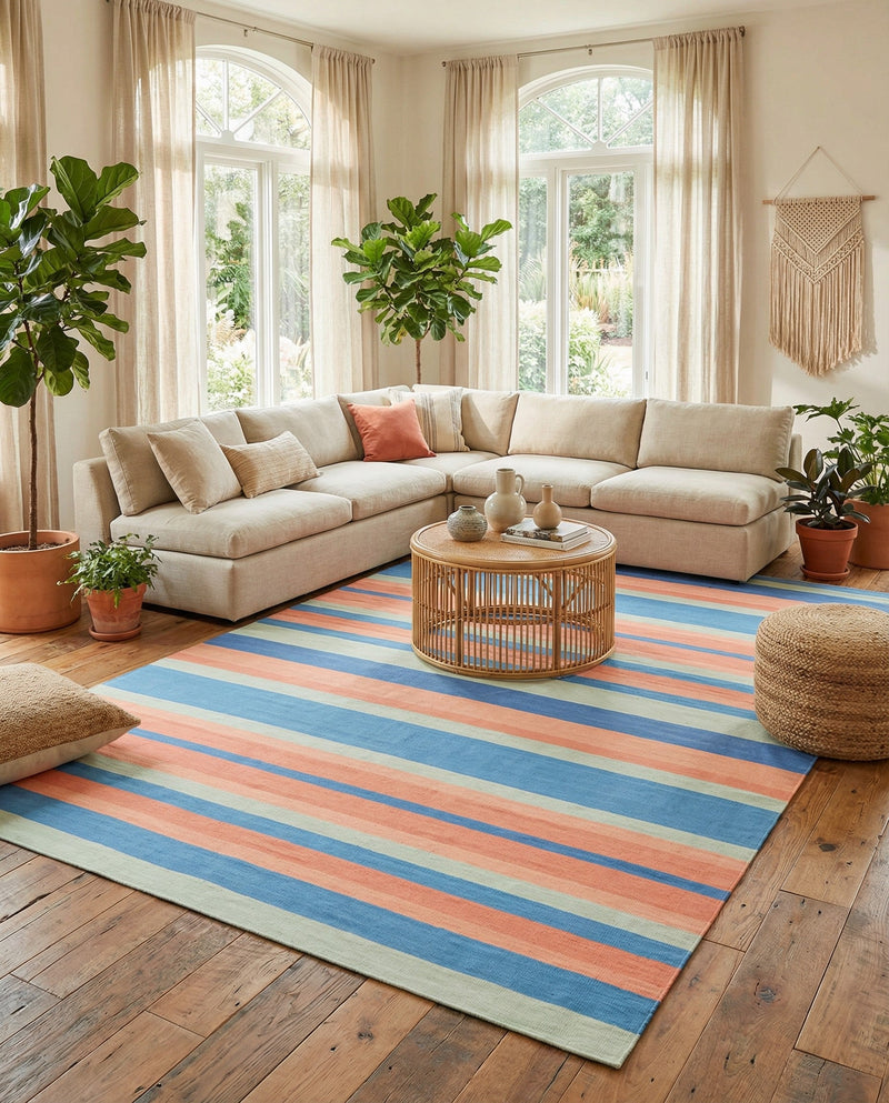 Coastal Stripe Dhurrie Collection Area Rug - Seashore Rectangle Multi  lifestyle 8