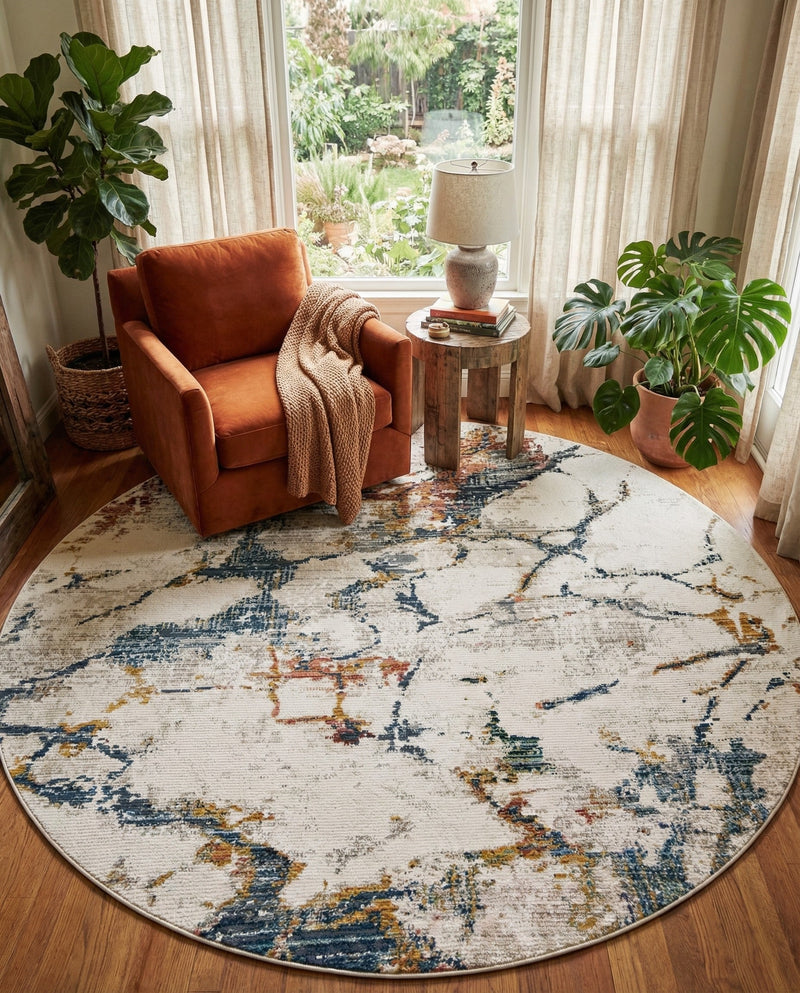 Jewel Oasis Collection Area Rug -  Opaline Round White Navy  lifestyle 45