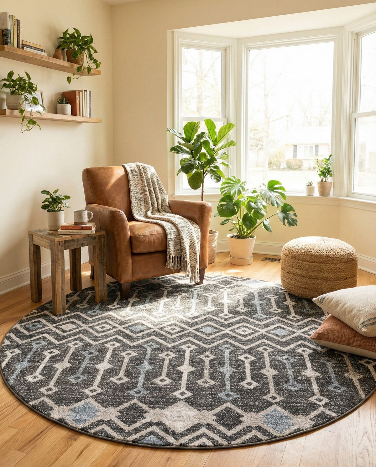 Geo Garden Lattice Collection Area Rug -  Andalusia Round Charcoal Gray  lifestyle 223