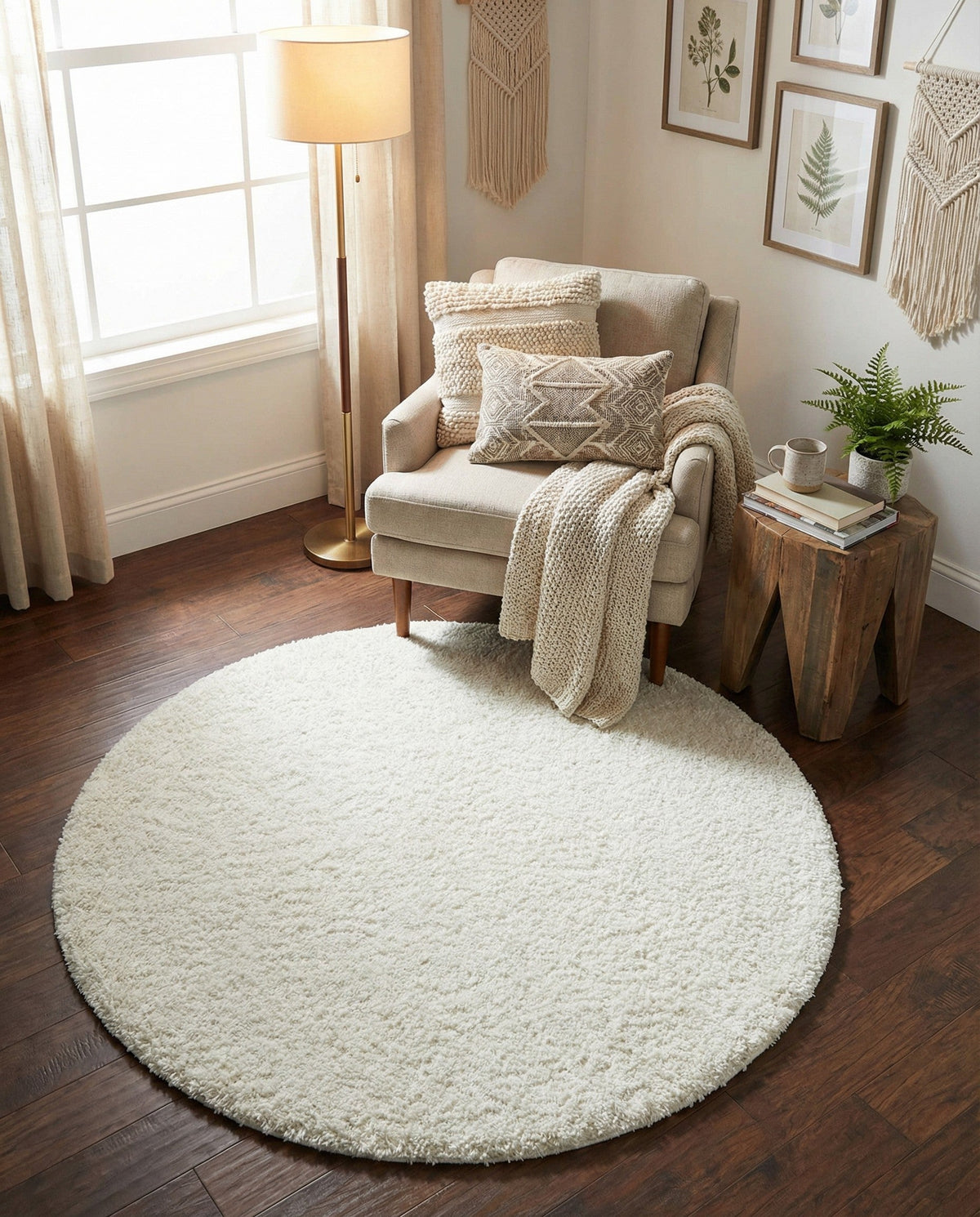 Cozy Comfort Shag Collection Area Rug - Haven (White) Round White  lifestyle 85